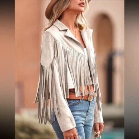 Western Vegan Suede Open Front Fringe Moto Biker Jacket - Picture 4 of 6